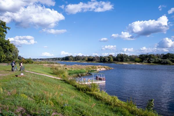 Radfahrer, Fähre Moby Dick, Elbterrassen zu Brambach